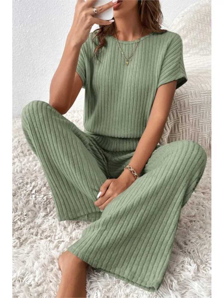 Simple Style Rib Knit Long Pants Suit Women Casual Short Sve T-shirt Loose Trousers 2 Piece Sets Summer Autumn Women SetXJ250106