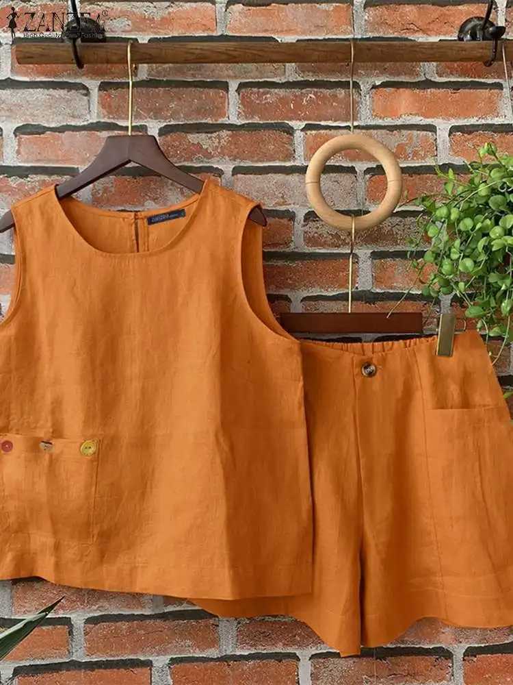 ZANZEA Women Two Piece Sets Casual Sveless Buttons Tank Tops And Pants Shorts Suits Summer 2PCS Holiday Loose Short Pant SetsXJ250106