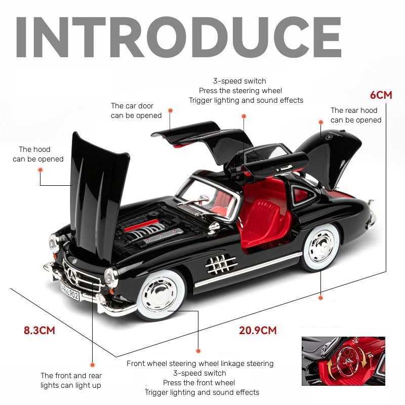 1 24 scale car model Mercedes Benz 300SL alloy car model classic retro die-casting metal sound lamp series childrens toy gift W250106
