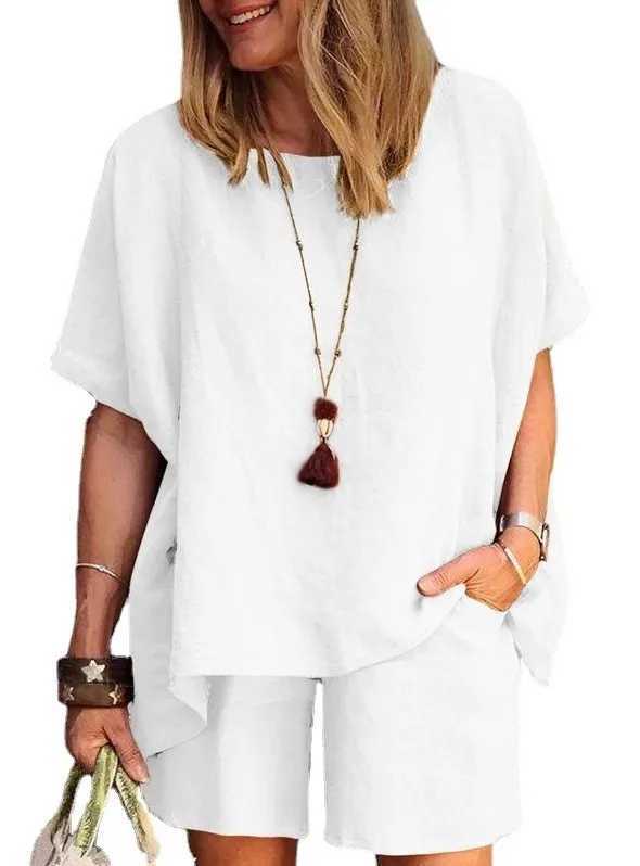 Summer New Cotton Linen Suit Plus Size Casual Sportswear Temperament Fashion Loose Short-sved Top Shorts Two-piece SetXJ250106