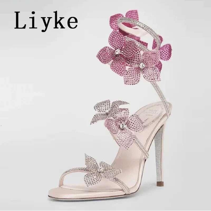 Liyke Summer Fashion Rhie Wer Ankle Strap Sandals Women Wedding Banquet Shoes Sexy Open Toe Pink High Heels Sandalias