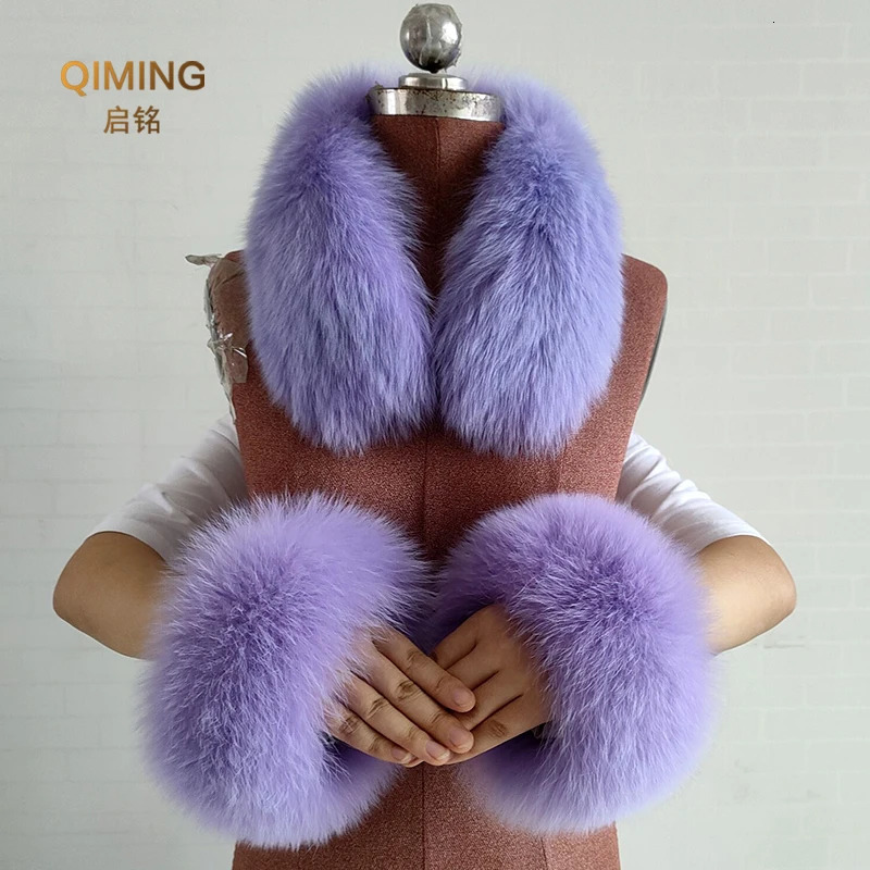 Real Fur Collar Fur Cuffs Set Winter Fox Fur Scarf Neck Warmer Women Coat Decoration Natural Scarves Thick Shawls Wraps 250106