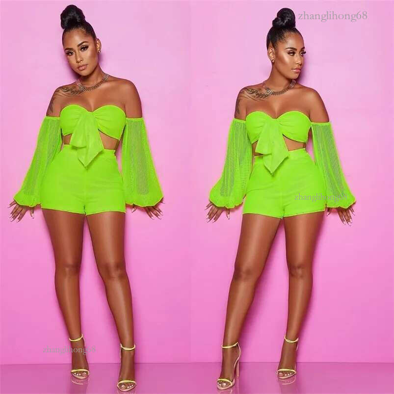 BKLD Neon Green Sexy Two Piece Sets Bodycon Club Outfits 2019 Summer 2 Piece Set Off Shoulder Mesh Crop Top Shorts Matching Sets T200623