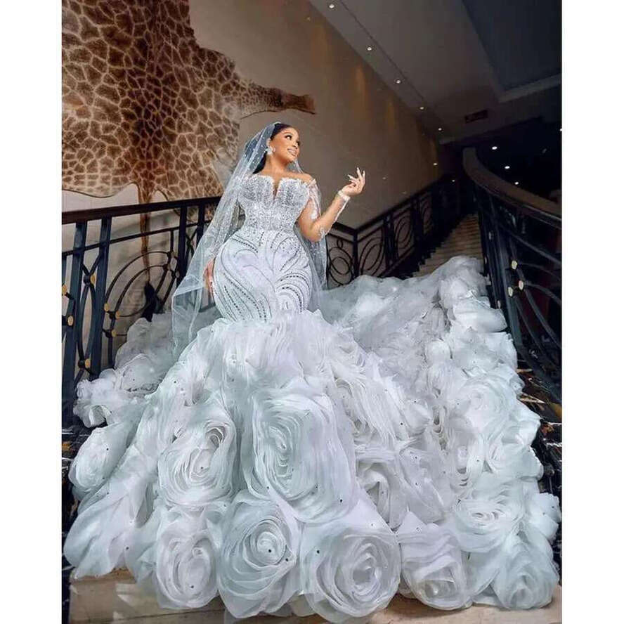 Mermaid Ebi White Arabic Aso Wedding Dress Beaded Crystals Lace Detachable Train Bridal Gowns Dresses Zj6065 Es Bc19435