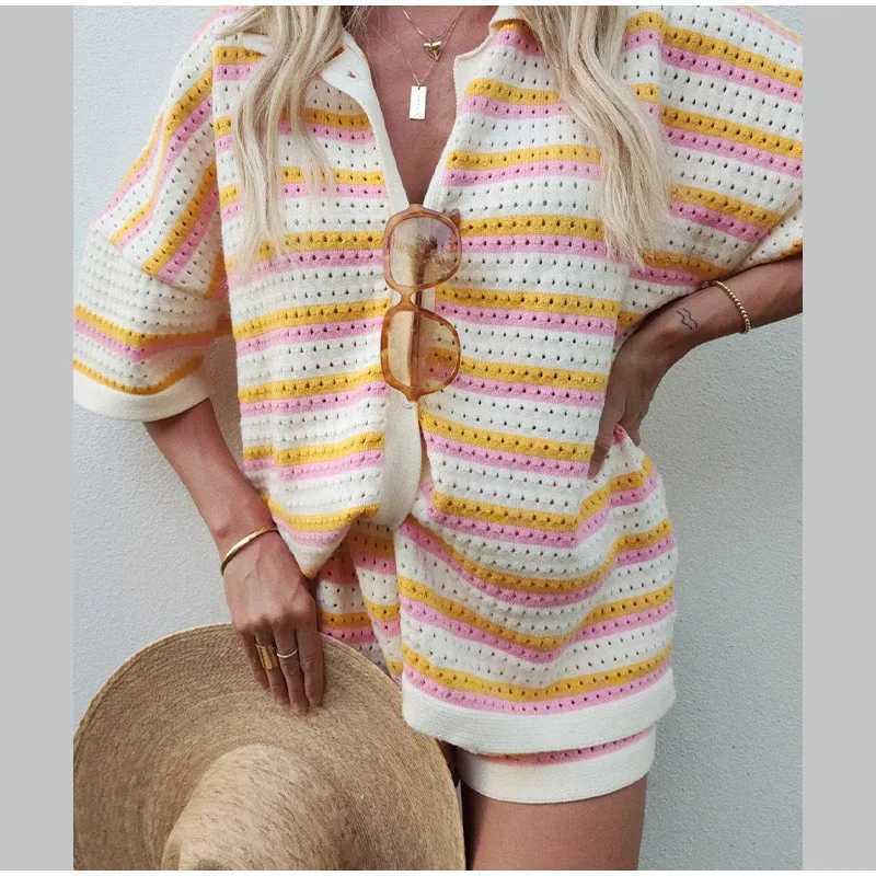 Women Stripe Print Knit 2 Piece Sets Ele Lapel Half Sve Tops High Waist Shorts Set Loose Casual Single Breasted OutfitsXJ250106