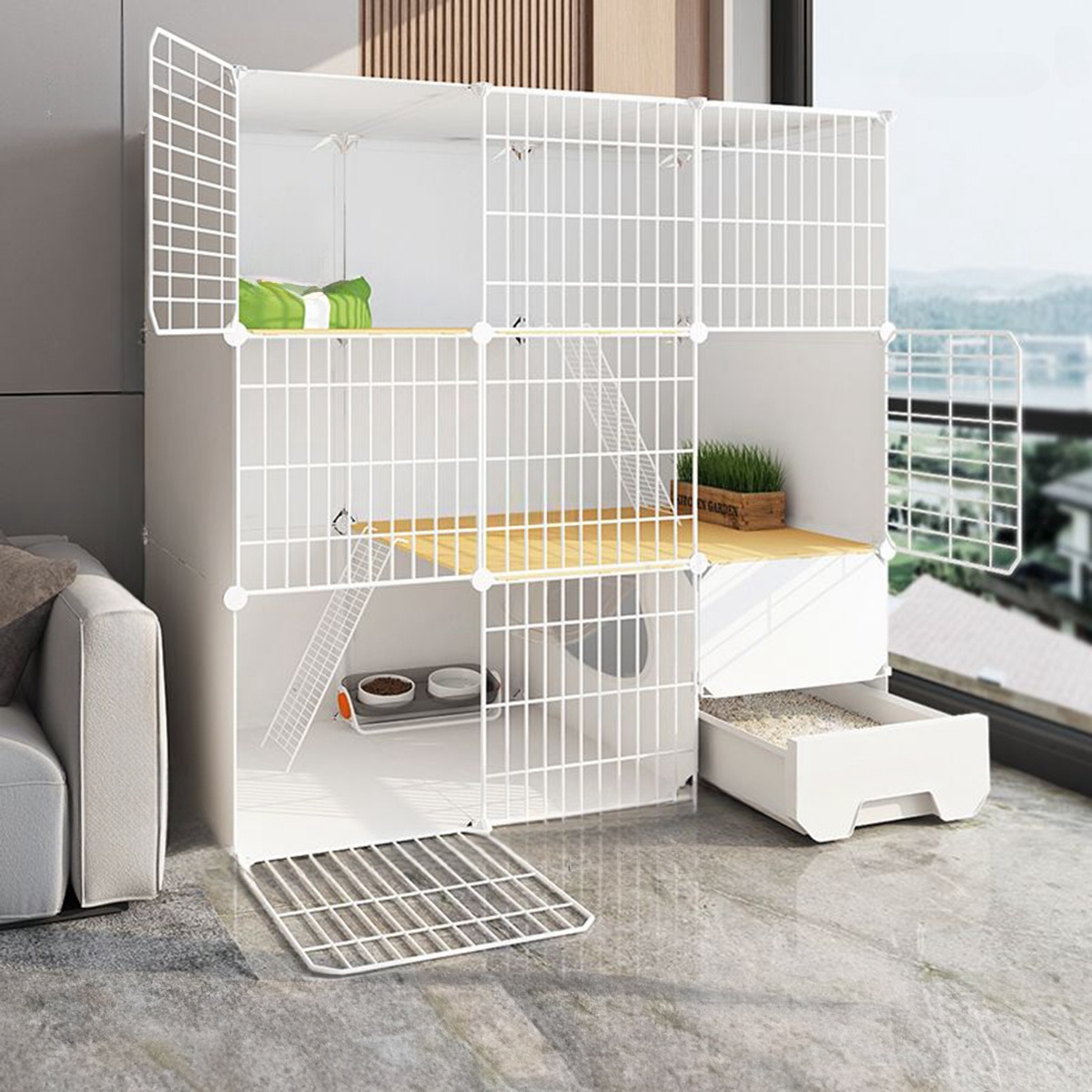 Cat Shelter Home Combo Unit - Extra Roomy Indoor Villa with Combined Litter Pan
