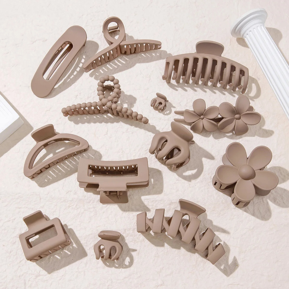 13pcs Fashionable and versatile light coffee color multi-element PC shark clip claw hair accessory 250103