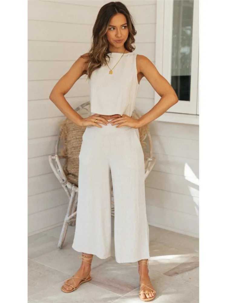 Fashion Women Solid Top Shirt 2 Piece Set New Summer Ele Casual O Neck Sveless Pants Suit Fe Office Holiday SetsXJ250106