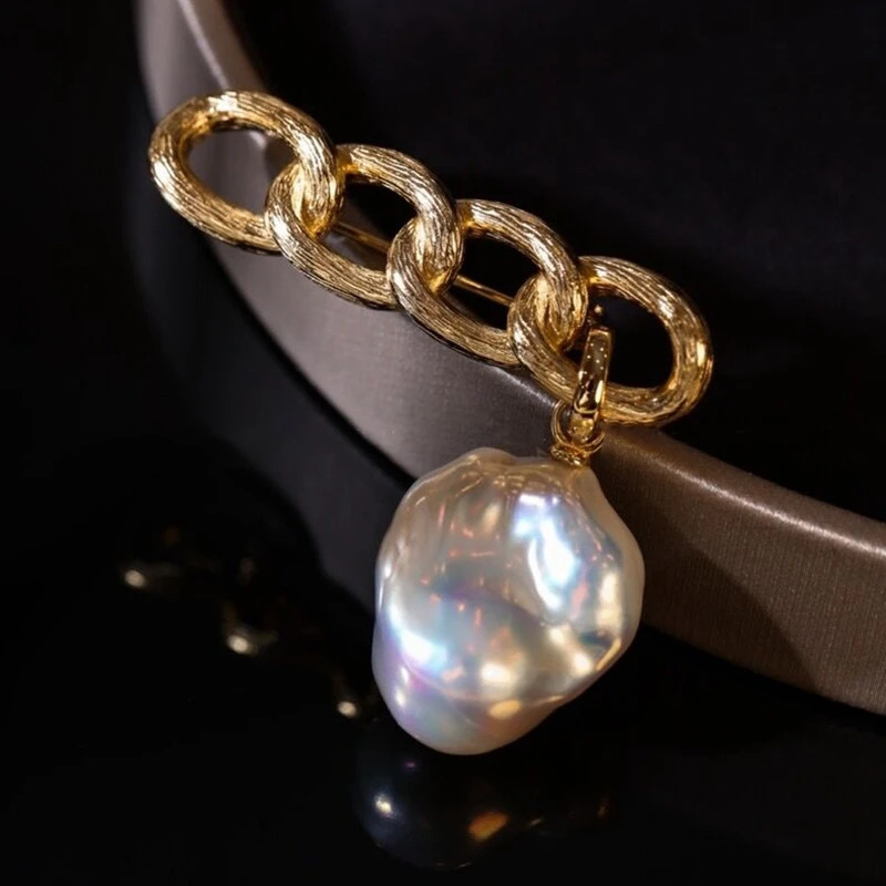 Natural Freshwater Aurora Bright White Baroque Pearl Brooch S925 Sterling Silver with Four Circles and Gold Wire Drawing Process 241230