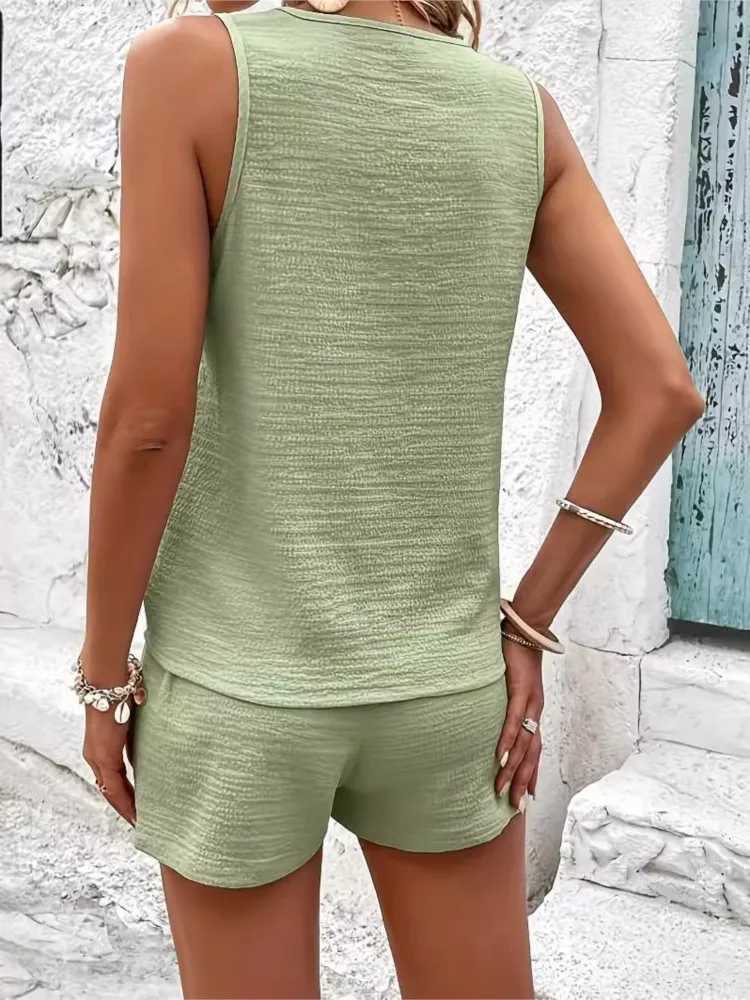 Womens Casual Vest Shorts Suit 2 Pieces Sets Summer New V Neck Buttons Vest High Waist Wide Leg Shorts Sets For Women ClothingXJ250106