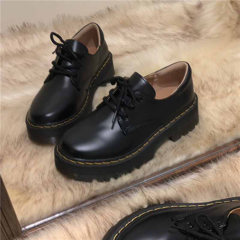 Yang Mi's Same Three Hole Thick Soled Martin Leather Shoes, Women's Retro British College Style Round Toe Mary Jane JK Single Shoes