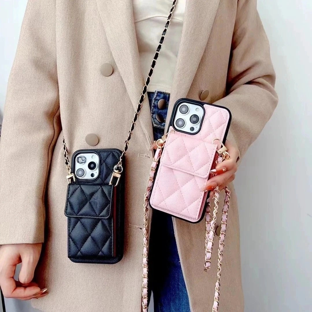 For iPhone 15 Pro Max Case Women Crossbody Phone Case Designer iPhone 14 Pro Max 13 12 15 Plus Phonecase Card Holder Bag Litchi Patterned Leather Chain Strap Wallet Case
