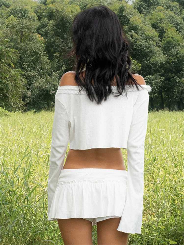 Absobe Y2K Agaric Laces Mini Skirt Set Women Flare Long Sve Crop Top A-Line Pleated Short Skirt 2 Piece Set Hottie SteetwearXJ250106