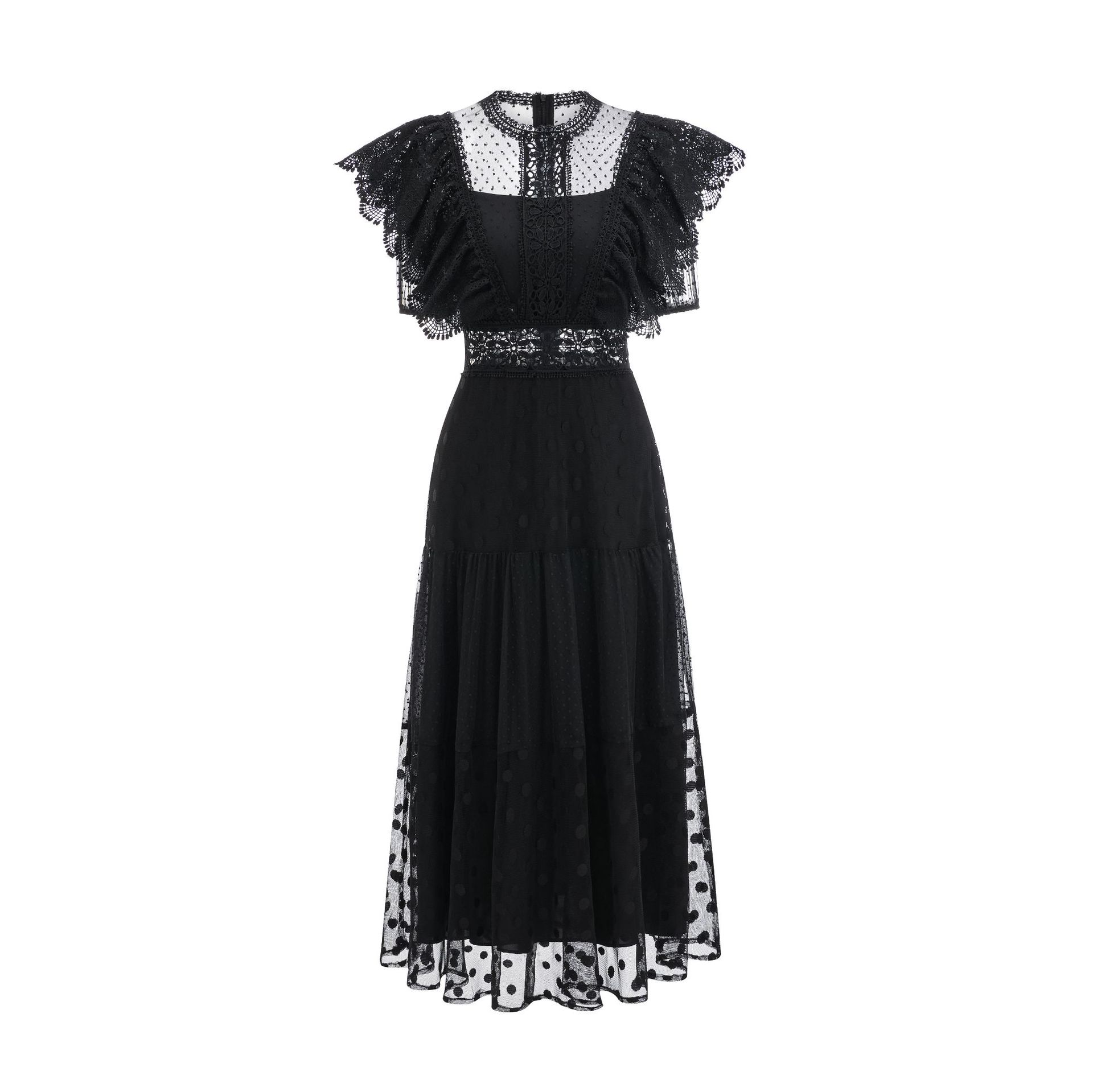 D17140 Commuter temperament round neck flying sleeves long dress waist slimming polka dot skirt