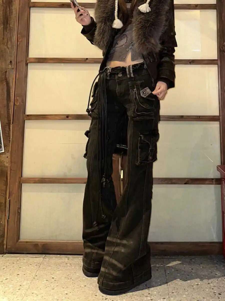 Women Korean Fashion Chic Jeans Grunge Japanese Haruku Gyaru Y2k Denim Cargo Pants Cyber Punk Hip-Pop 2000S Aesthetic Tomboy