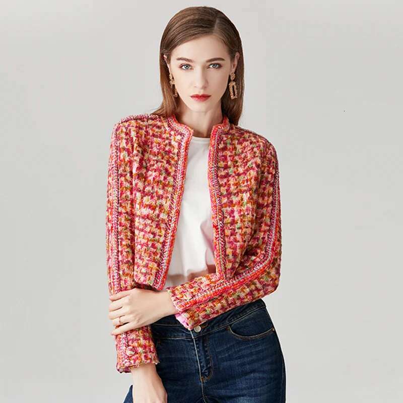 High-End Cropped Jacket For Women, 100% Wool Coat, Colorful Houndstooth, Plaid Tweed Jackets, Short Outwear, Runway Designer