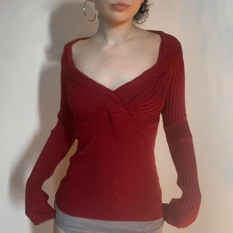 Fashionable intellectual style knitted pullover V-neck slim fit sexy spicy girl long sleeved knitted t-shir