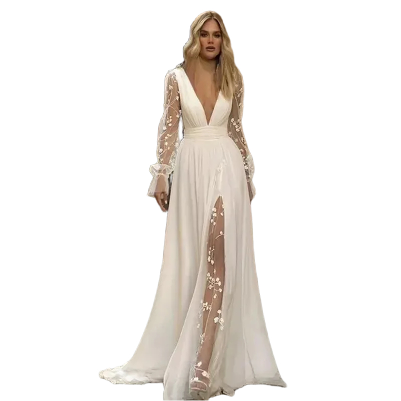 Chiffon Beach Wedding Dresses Illusion Long Sleeves Side Split Sexy Boho Bridal Gowns Backless Lace Long Sleeves Deep V-Neck Summer A-Line Vestido De 