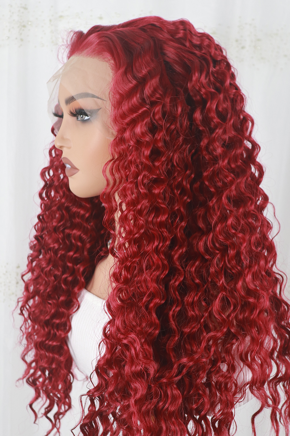 13x4Lace Front Red Deep Wave Wig Fashion Dark Root Realistic Curly Heat Resistant Fiber Look Like Human Hair