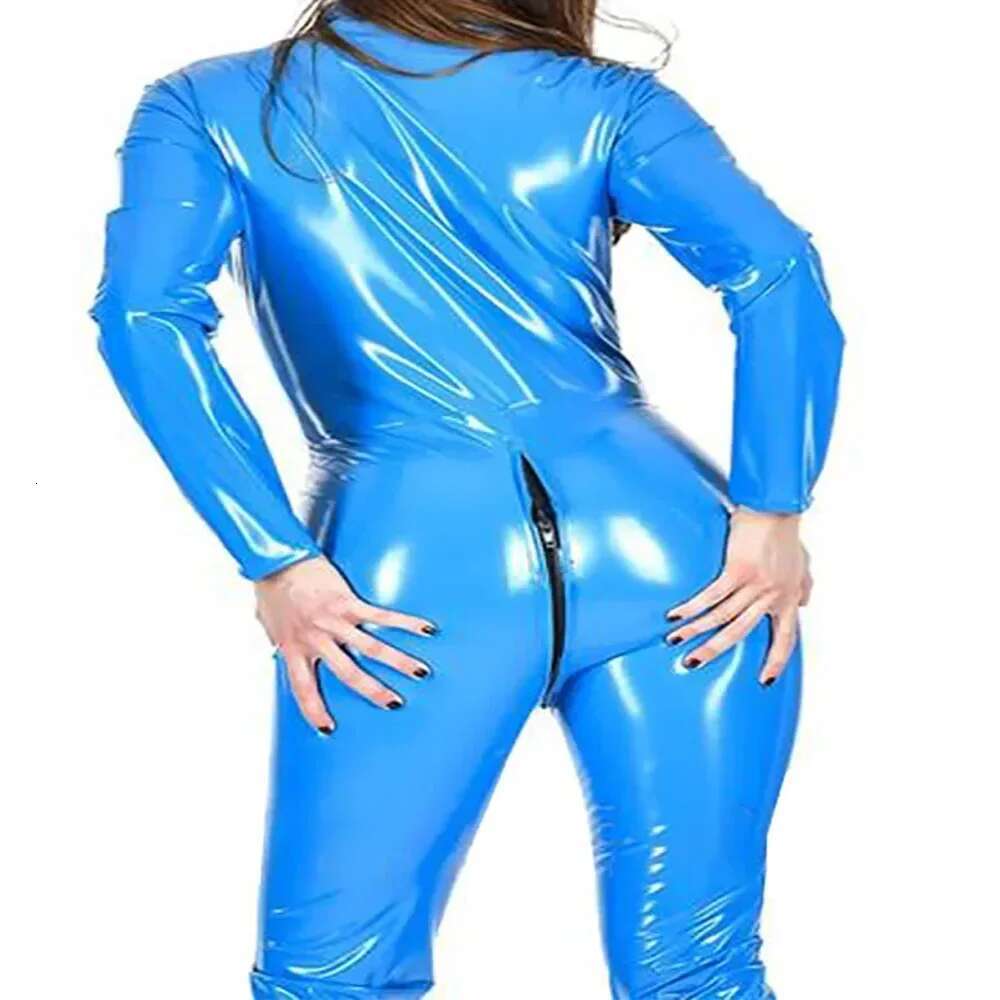 Plus Size Bodycon Women Jumpsuits Long Sleeve Front Zip-Up Catsuits Sexy Open Crotch Playsuits Glossy PVC Leather Solid Clothes