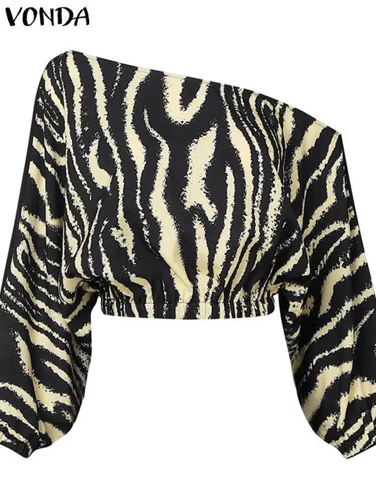 VONDA Autumn Pant Sets 2024 Bohemian Zebra-stripe Printed 2PCS Long Sve Skew Collar Sexy Top and High Waist Pants Casual SetsXJ250106