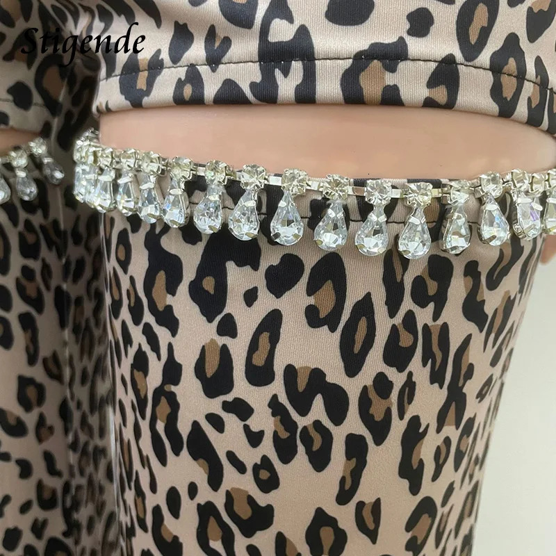 Stigende Sexy Cut Out Leopard Print Pants Women Patchwork Diamond Cheetah Pants 250106