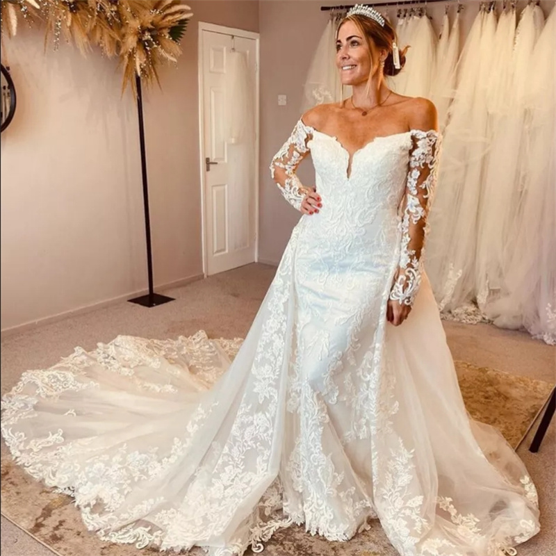 Plus Size Detachable Train Wedding Dress Curvy Off Shoulder Mermaid Bride Dress Long Sleeve Lace Rustic Country Civil Bridal Gowns Bespoke Vestio De N