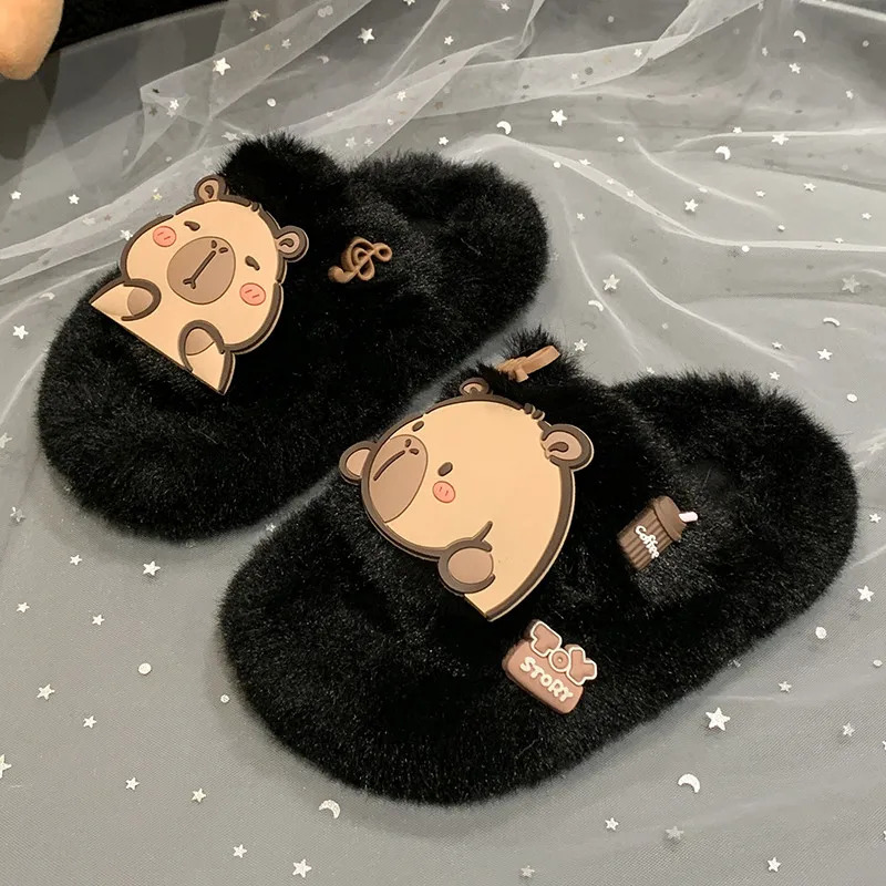 Cute Capybara Kids House Slippers Soft Fluffy Girls Warm Fur Slippers Fashion Cartoon Children Boys Open-toe Cotton Flat Shoes 250106