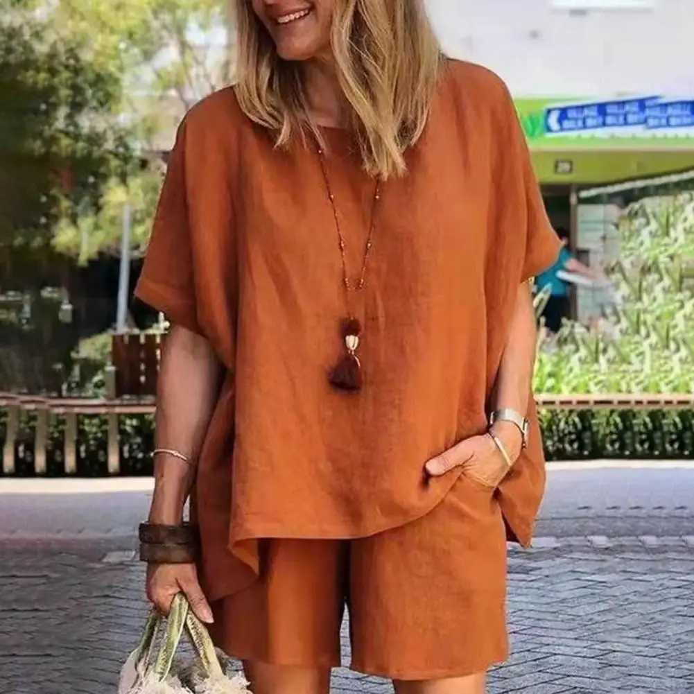 2Pcs/Set Women T-Shirt Shorts Set Solid Color Top Shorts Suit Pullover O Neck Summer Sets Ladies Suit Women AccessoryXJ250106