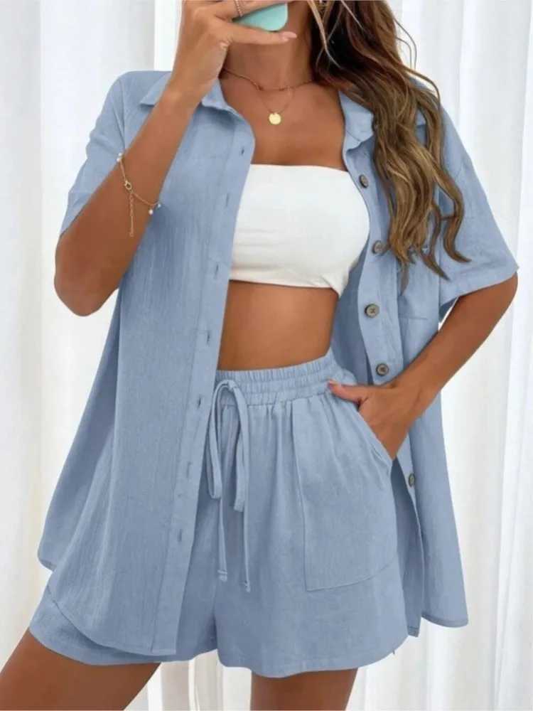 Casual Cotton 2 Piece Set Women Suit Fashion Short Sve Solid Color Shirt +loose Shorts Summer Office Lady Comfortable SetsXJ250106