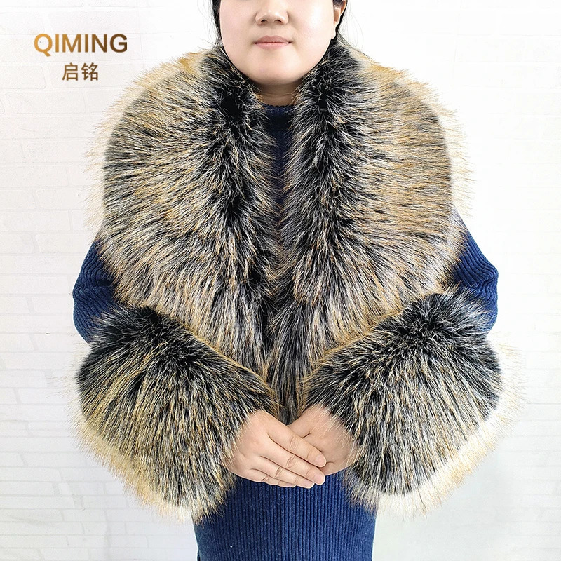 Faux Fur Scarf Cuffs Set Winter Warm Fake Fur Collar Neck Warmer Women Fluffy Large Shawl Furry Scarves Coat Parka Accessories 250106