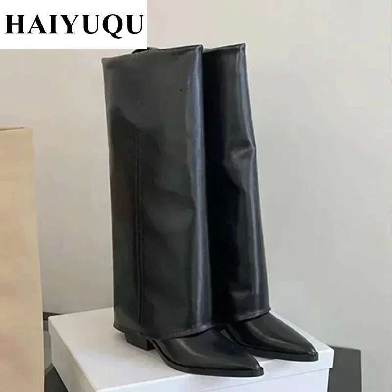 Knee High Heels Women Leather Chunky Fashion Shoes Pointed Toe Snow Long Boots New Designer Pumps Punk Botas Mujer