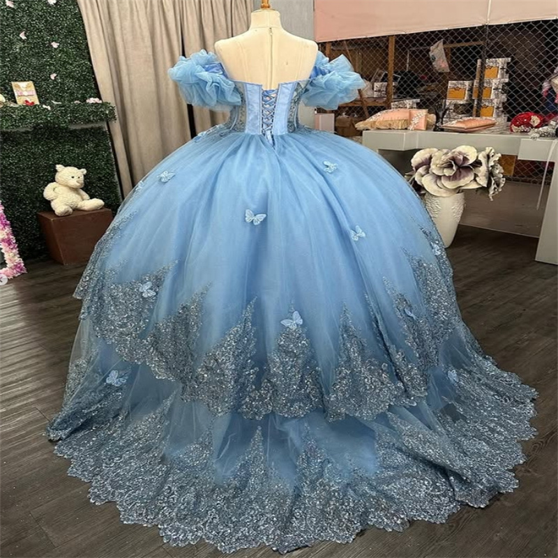 Shine Blue Butterfly Quinceanera Dresses Sparkly Appliques Vestidos De 15 Quinceanera Sweet 16 Dress Corset Xv Para Debutant Para Halloween Prom Dress