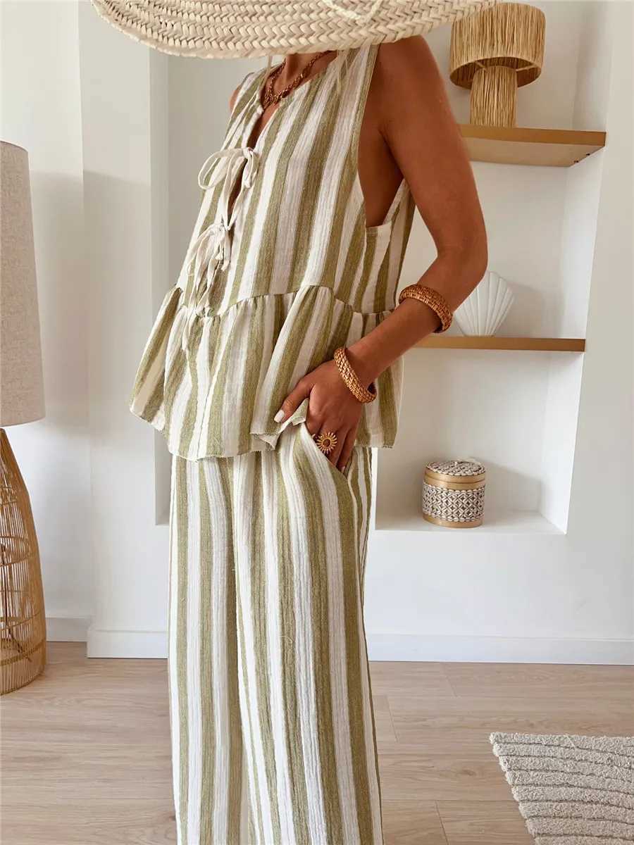 Striped Tie Waist Vest 2 Pieces Set Summer Casual Sveless Loose Tank Tops Elastic Waist Ruffles Hem Wide Leg Pants OutfitsXJ250106