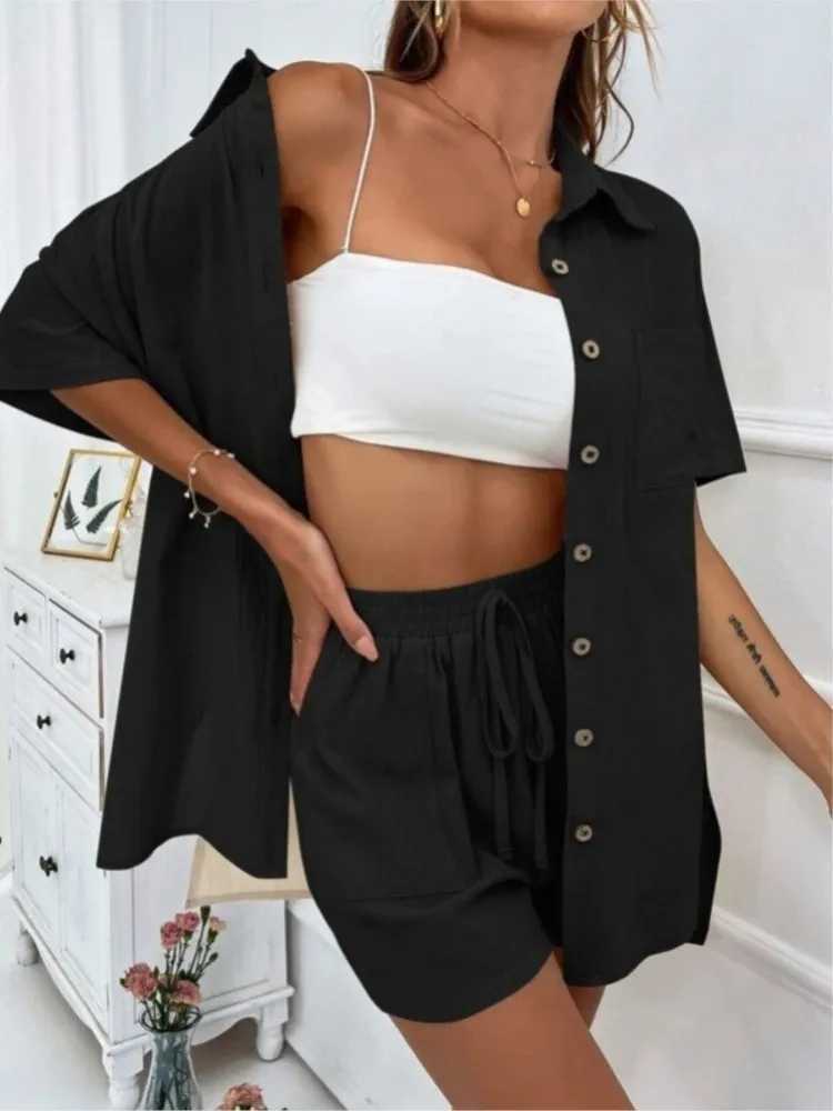 Casual Cotton 2 Piece Set Women Suit Fashion Short Sve Solid Color Shirt +loose Shorts Summer Office Lady Comfortable SetsXJ250106