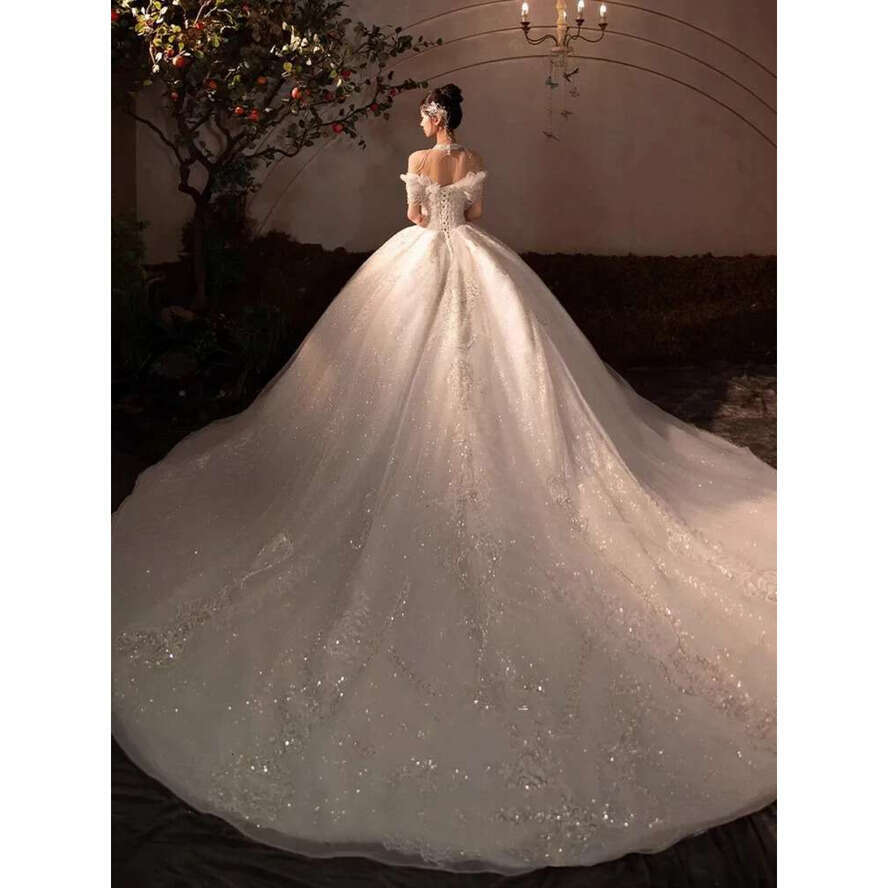 Sparkle Glaring Crystals Lace Wedding Dresses Ball Gown Offhoulder Plus Size Princess Bridal Gowns For Women Robe De Mariee Sweep Train Bride Dress Ve