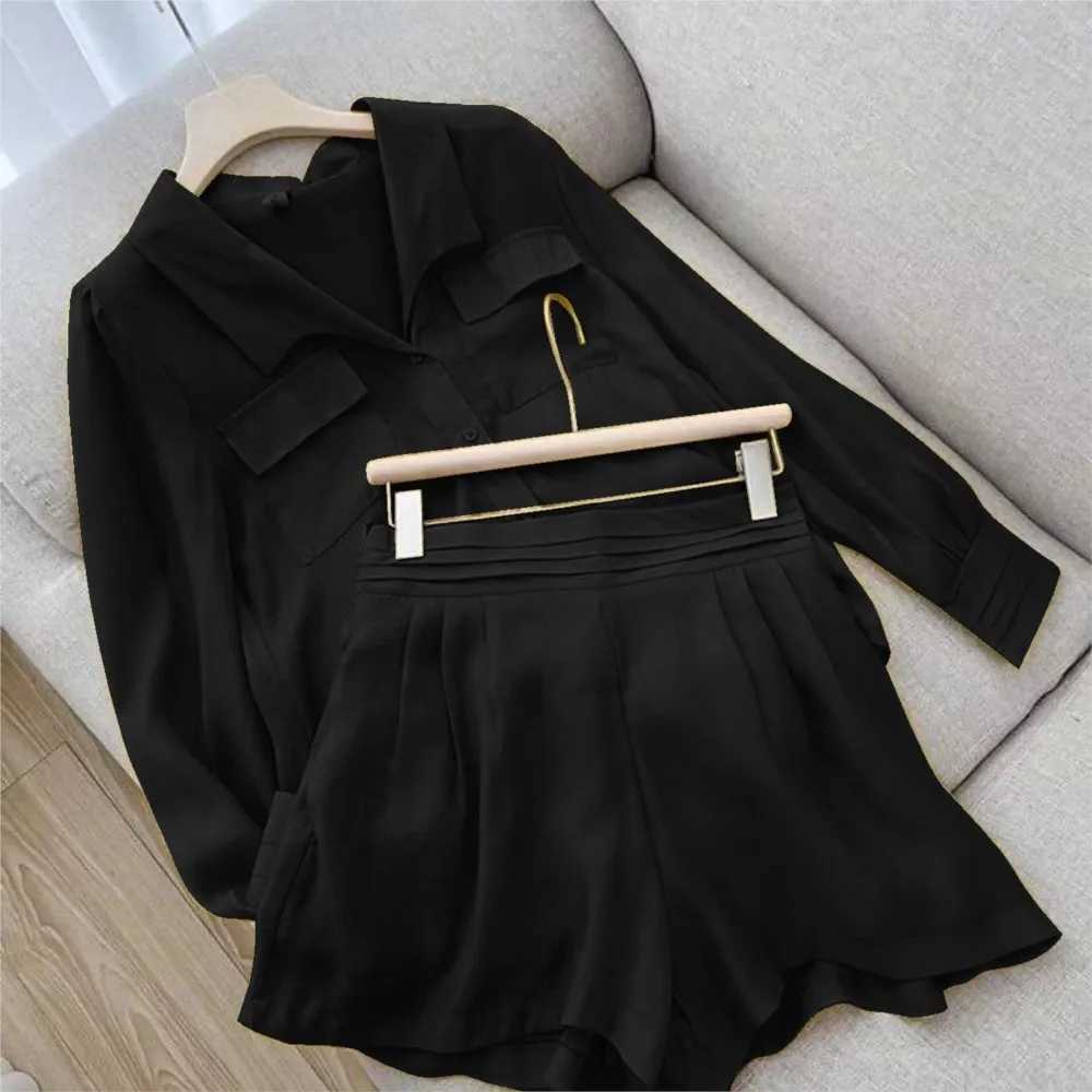 Spring Shirt Two Piece Set For Women Summer Shorts 2 Piece Sets Suits Solid Color Long Sve Shirt Short Casual Outfits FeXJ250106