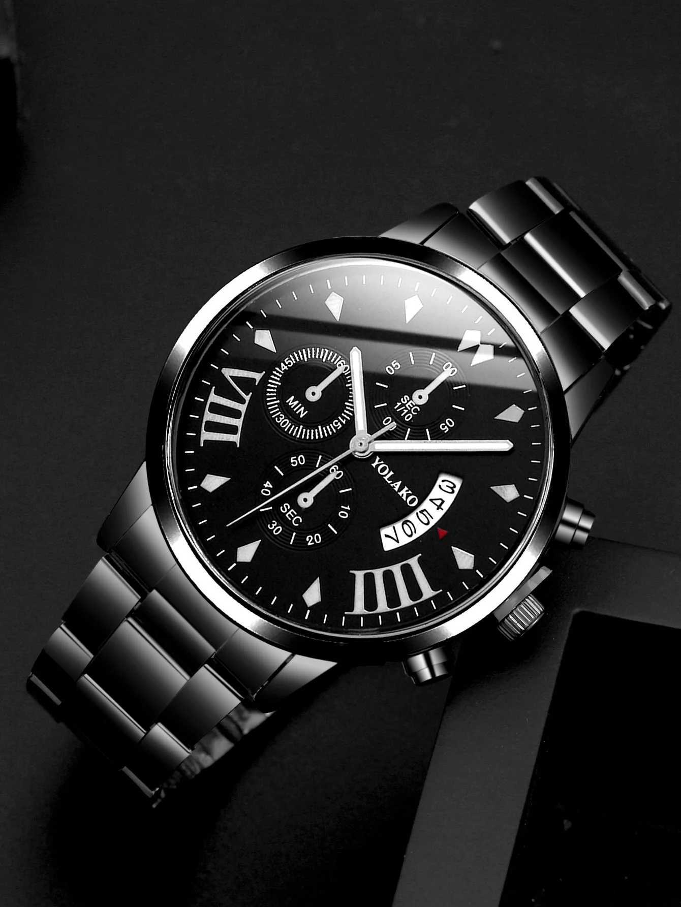 2pcs Fashion Business Calendar Mens Round Roman Scale Steel Band Quartz Watch with Trendy Chain Bracelet SetX250107