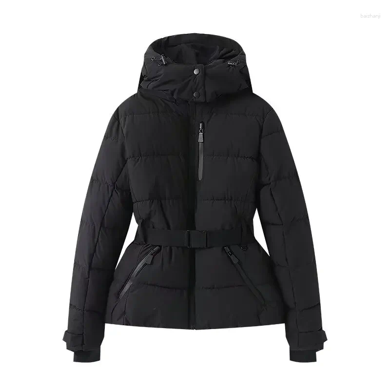 Women's Jackets Fashion Hooded Padded Coat With Belt Women Slim Standing Collar Full Sleeve Pocket Winter Ladies Windproof Warm Ski Jacket