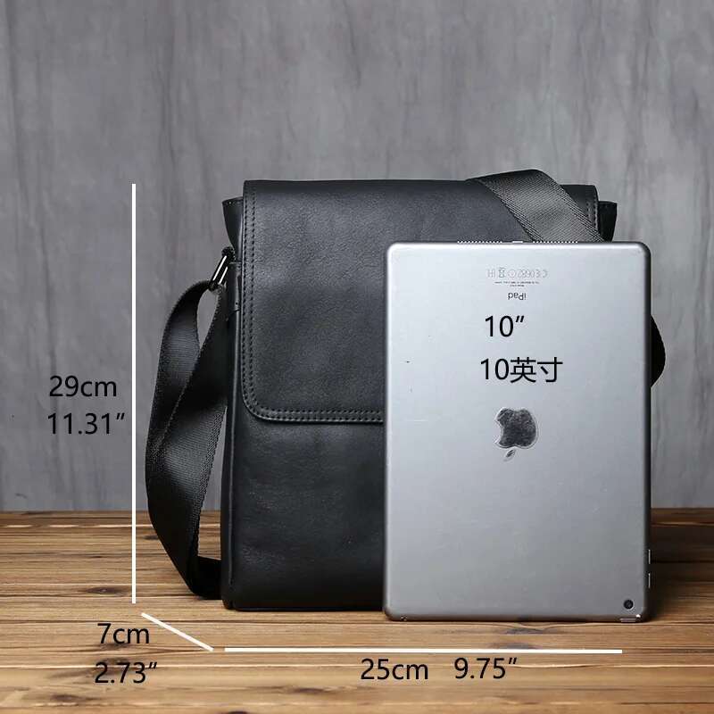 Nzpj-Leather Shoulder Bag For Men, Natural Cowhide, Vertical Crossbody Bag, Casual, Large Capacity, Flip, Zipper, 10 ", Ipad