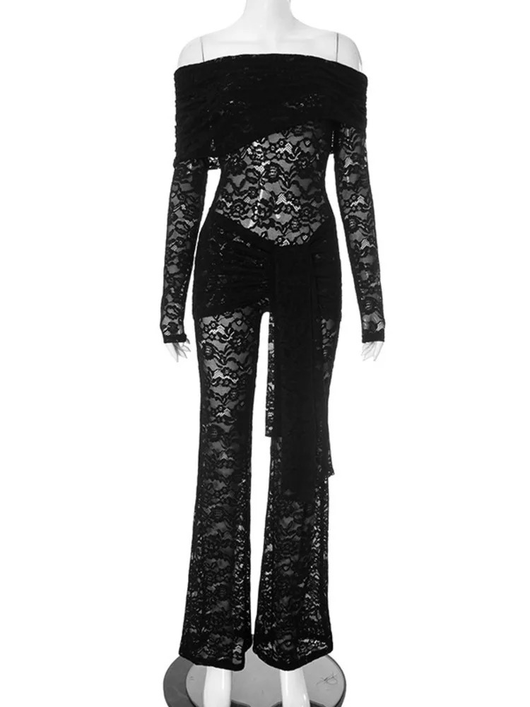 Mozision Lace See Through Long Sleeve Sexy Jumpsuit Women Fashion Offshoulder Bodycon High Waist Club Party Jumpsuits 250103