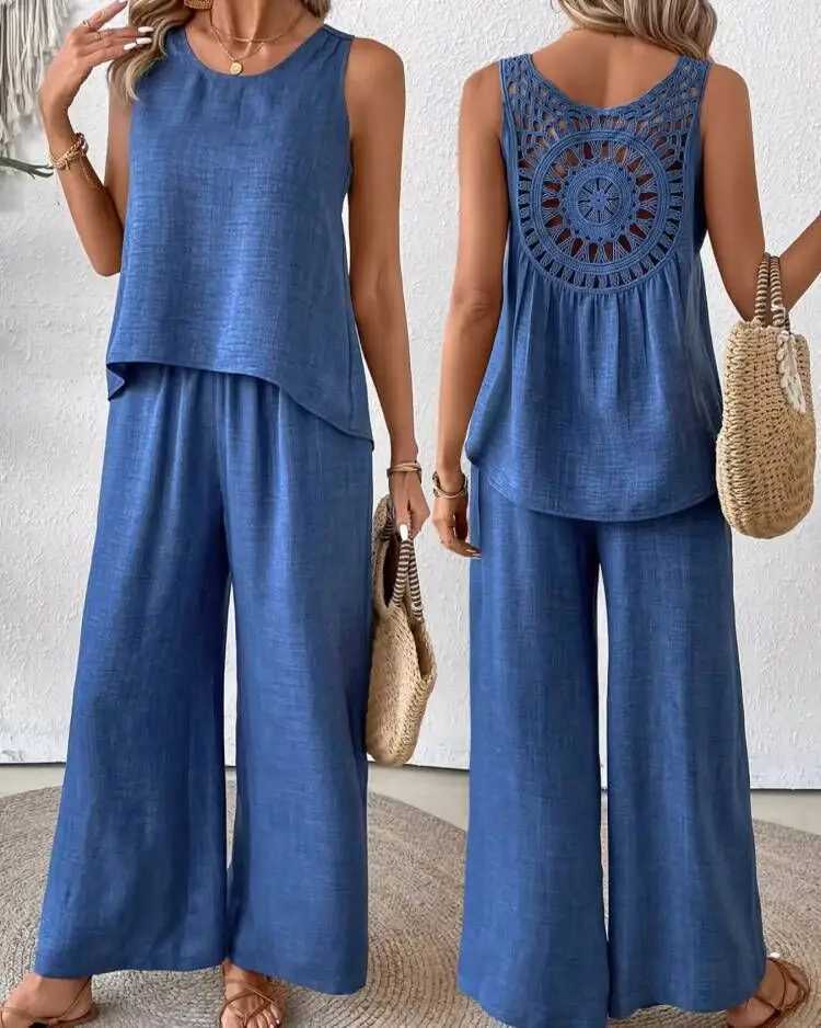 Cotton linen womens summer set fashionable sleeveless loose fitting shirt wide leg pants two-piece set womens casual setXJ250414