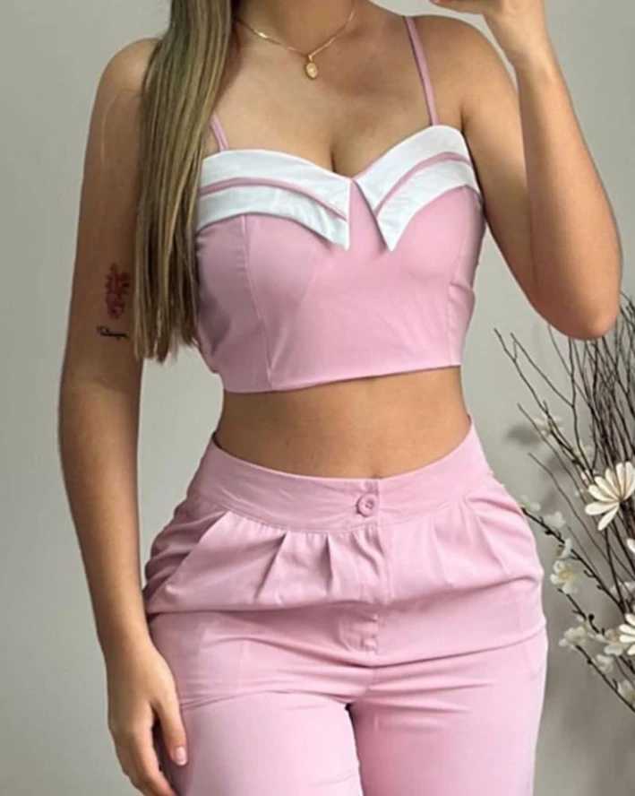 Sexy Ele Crop Cami Top Ruched Pocket Design Pants Set Womens Two Piece Sets Outfit New Fashion 2024 Summer CasualXJ250106