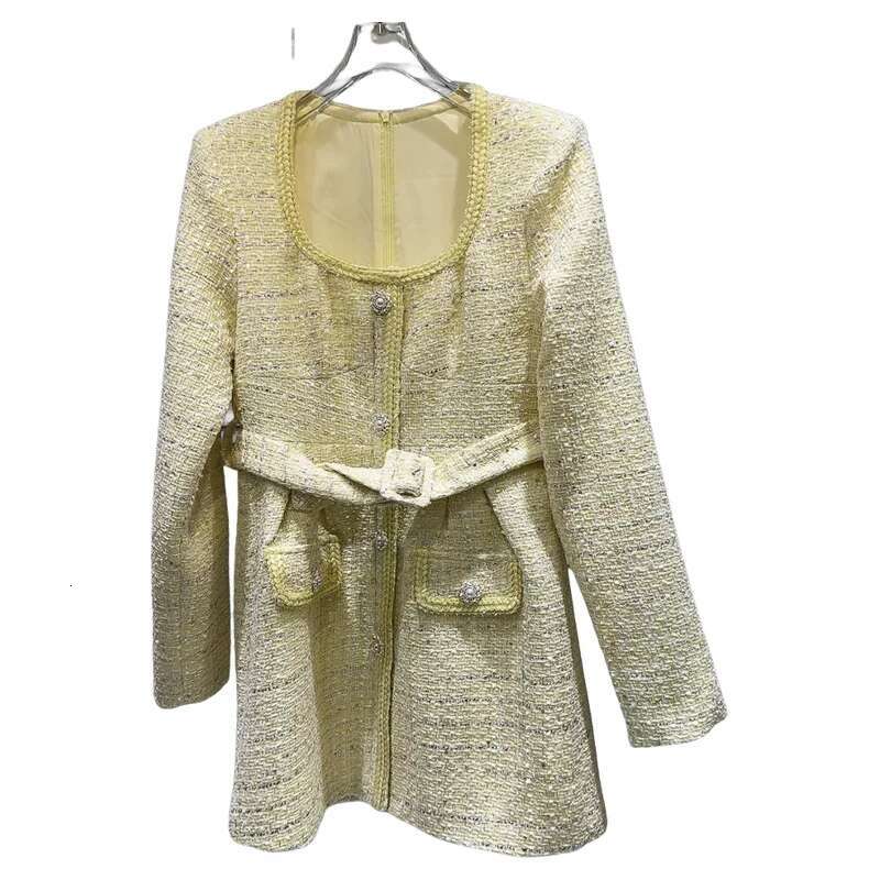 Retro Square Neck Pearl Buckle Temperament Lady Belt Trench Coat 2024 Autumn New Elegant Tweed Dress For Women
