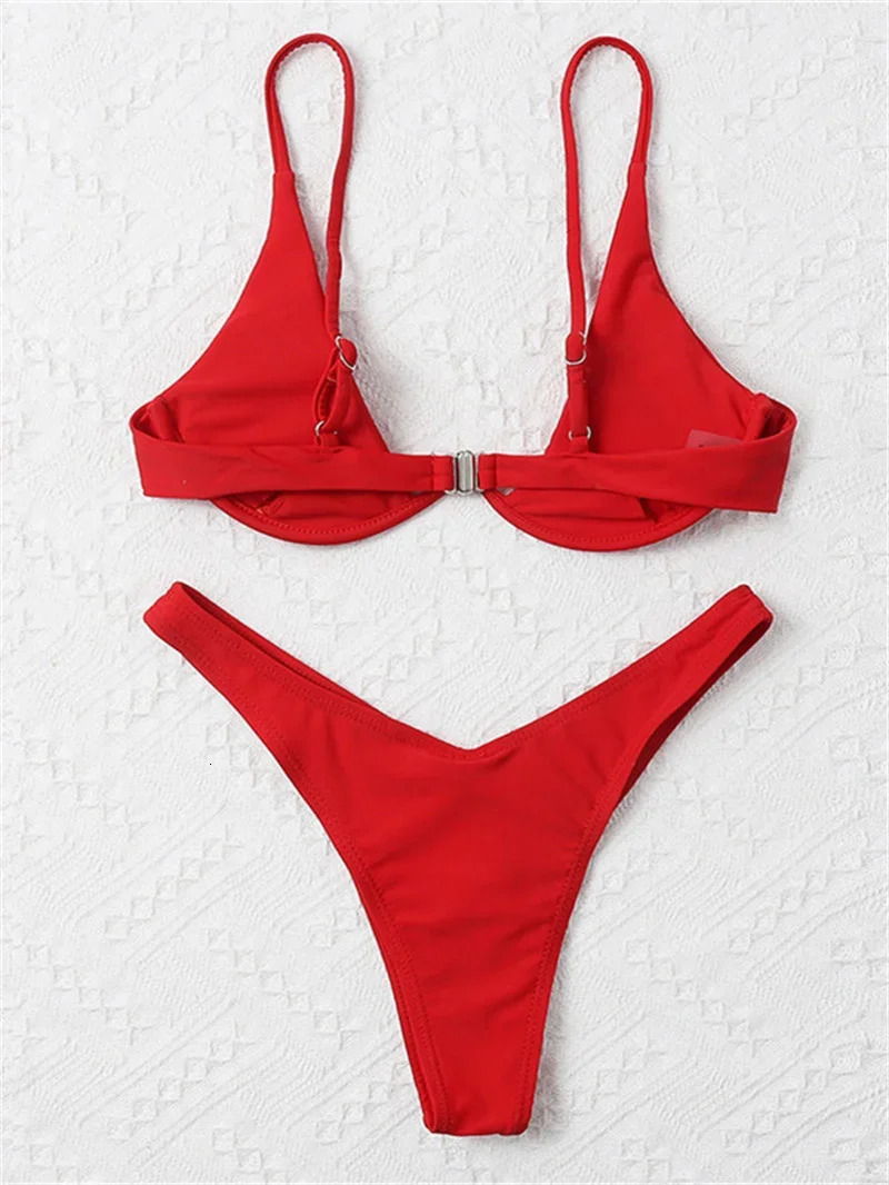 Sexy Underwire Bikini Mujer Women Solid Red Push Up Bra Thong Swimsuit Haler V Neck Bathing Suit Mini Micro Thong Swimwear 250106