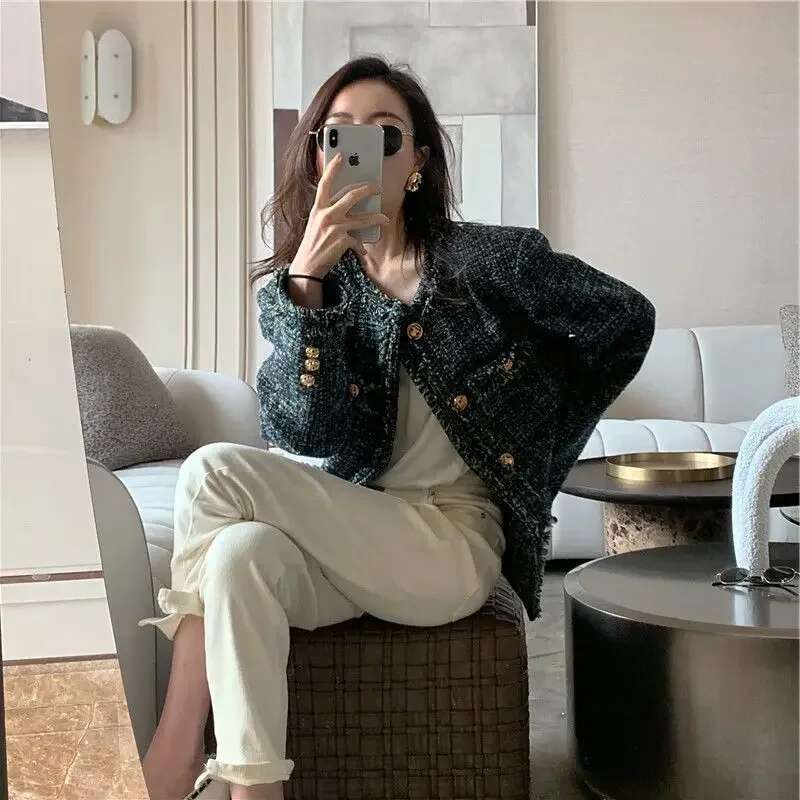 New Autumn Winter Loose Retro Tweed Jackets Women Elegant Green Plaid Blazers Female Korean Fashion O-Neck Outcoat Z13