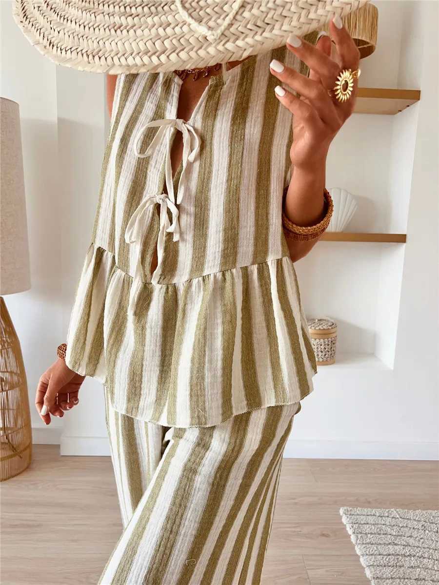 Striped Tie Waist Vest 2 Pieces Set Summer Casual Sveless Loose Tank Tops Elastic Waist Ruffles Hem Wide Leg Pants OutfitsXJ250106