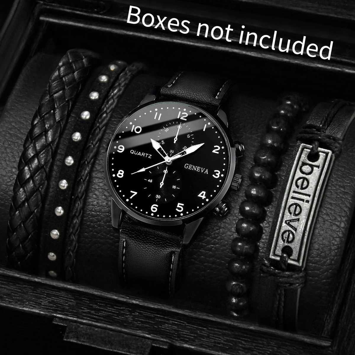 5PCS/Set Mens Business Watches Fashion Arabic Dial Leather Band Quartz Watch Bracelets SetWithout BoxX250107