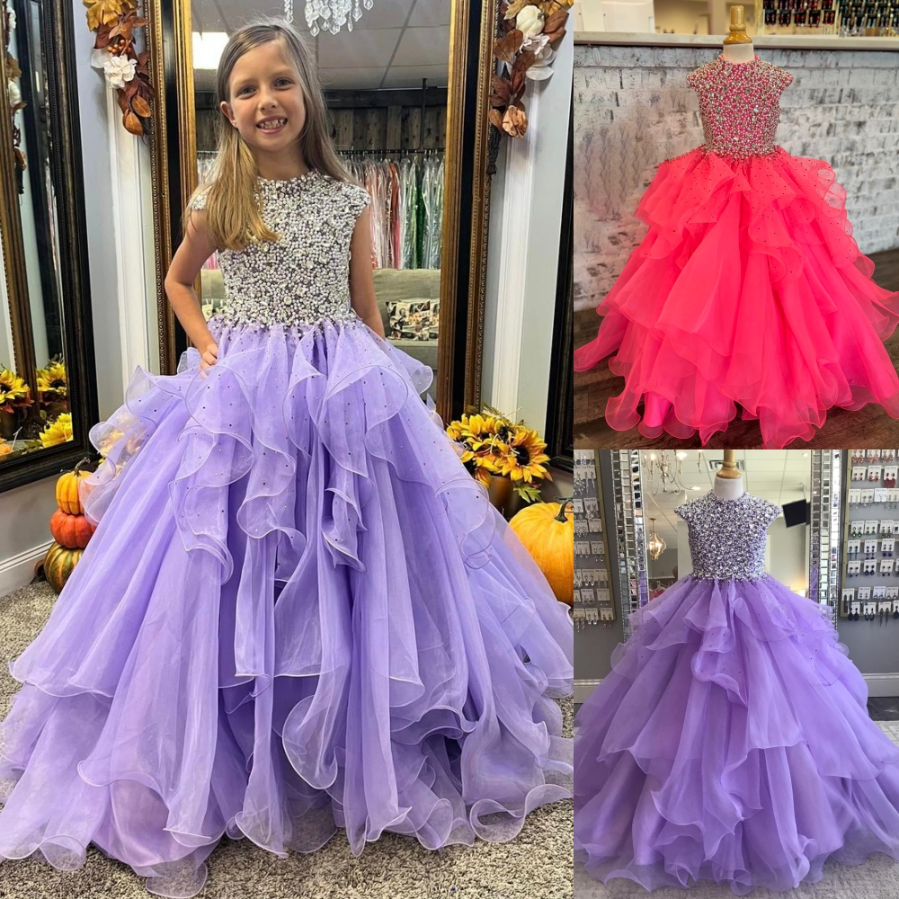 High Collar Girl Pageant Dress 2025 Cap Sleeves Ballgown Crystals Ruffled Organza Kids Birthday Formal Party Gown Toddler Teens Preteen Little Miss Handkerchief