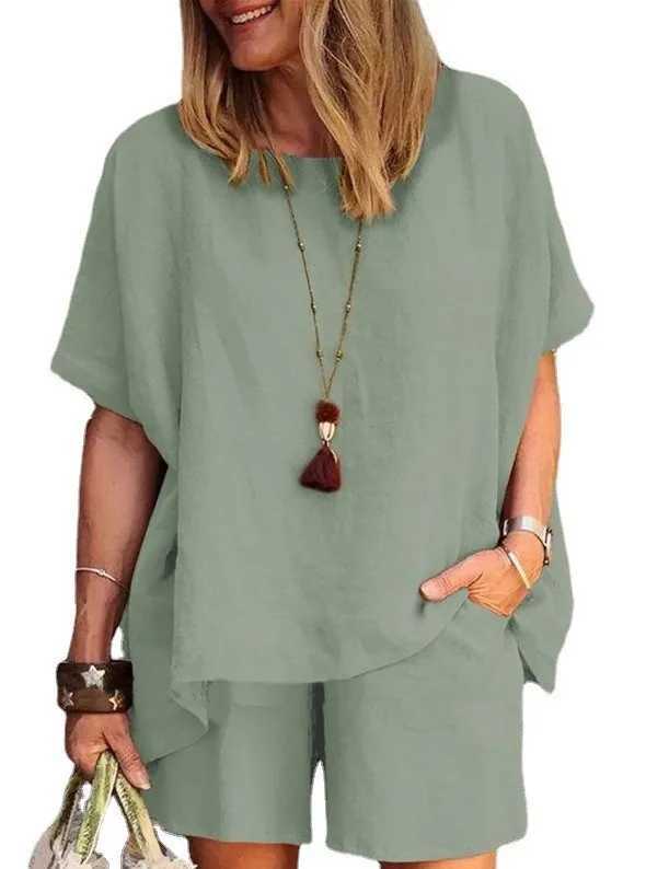 Summer New Cotton Linen Suit Plus Size Casual Sportswear Temperament Fashion Loose Short-sved Top Shorts Two-piece SetXJ250106